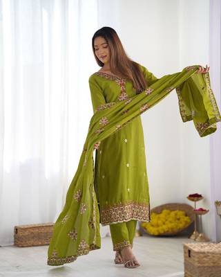Green Designer Suit Set With Dupatta Stitched Kurti Set With Dupatta 4