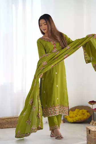 Green Designer Suit Set With Dupatta Stitched Kurti Set With Dupatta