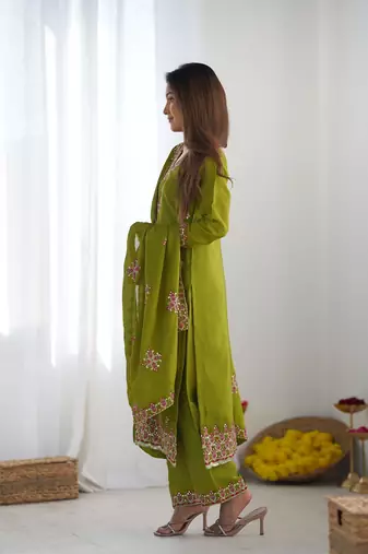 Green Designer Suit Set With Dupatta Stitched Kurti Set With Dupatta