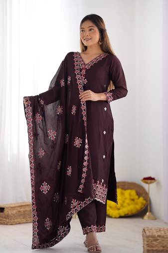 Silk Fabric Suit Set Designer Stitched Kurti Set With Dupatta