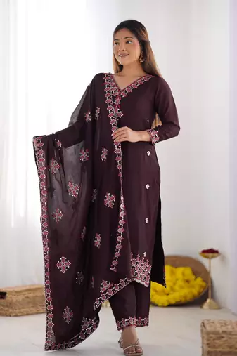Silk Fabric Suit Set Designer Stitched Kurti Set With Dupatta