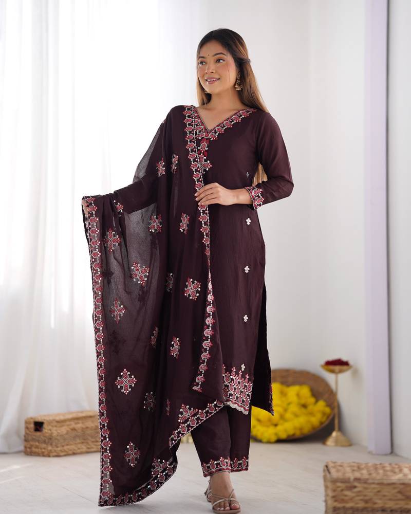 Silk Fabric Suit Set Designer Stitched Kurti Set With Dupatta