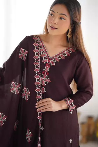 Silk Fabric Suit Set Designer Stitched Kurti Set With Dupatta