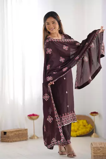 Silk Fabric Suit Set Designer Stitched Kurti Set With Dupatta