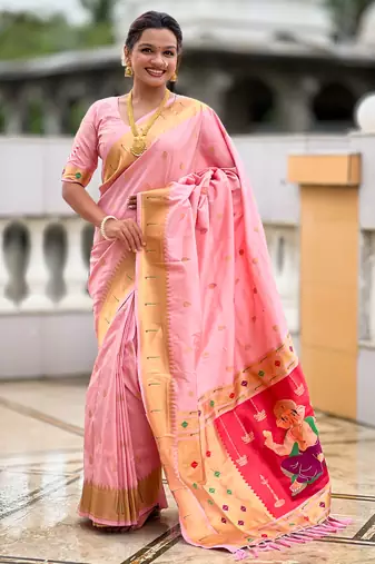 baby pink paithani silk blend saree with zari weaving motifs 