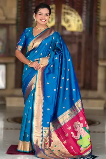 turquoise paithani silk blend saree with zari weaving motifs 