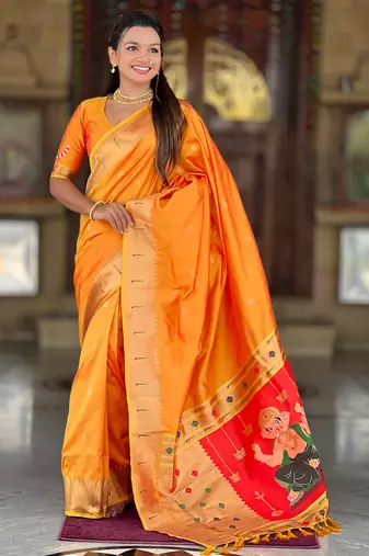 orange paithani silk blend saree with zari weaving motifs 