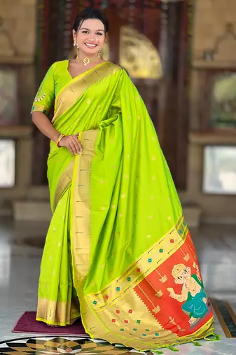 parrot green paithani silk blend saree with zari weaving motifs 