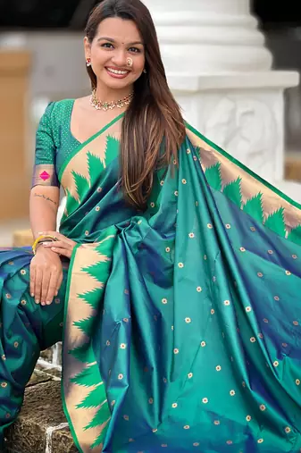 rama green paithani silk blend zari weaving saree with meenakari pallu 