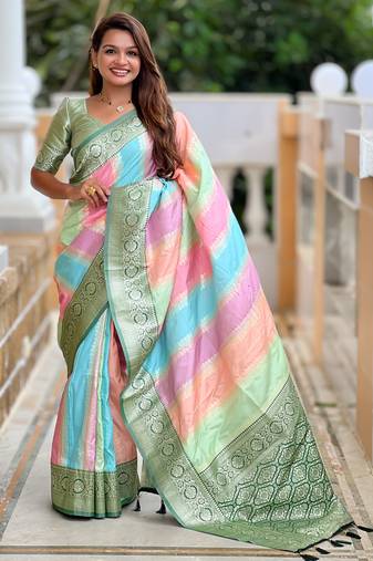 green silk blend meenakari zari weaving saree with contrast pallu