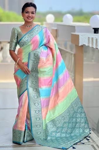 rama green silk blend meenakari zari weaving saree with contrast pallu