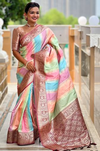 multicolor silk blend meenakari zari weaving saree with contrast pallu