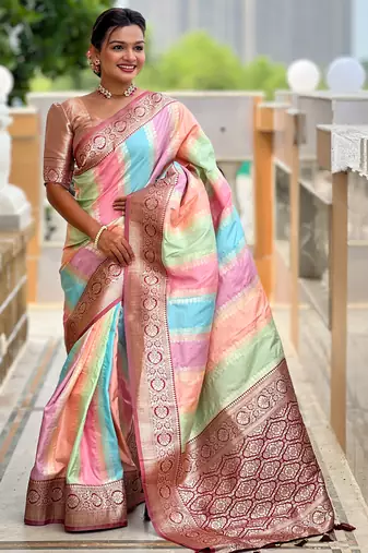 multicolor silk blend meenakari zari weaving saree with contrast pallu