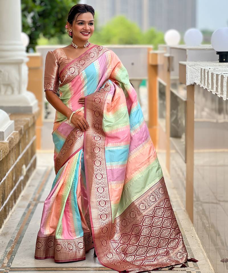 multicolor silk blend meenakari zari weaving saree with contrast pallu