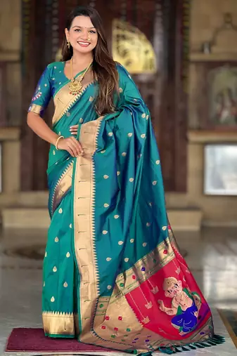 rama green paithani silk blend saree with zari weaving motifs 