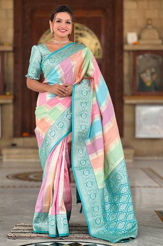 turquoise silk blend meenakari zari weaving saree with contrast pallu