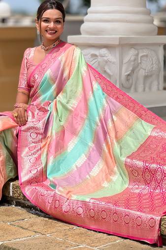 pink silk blend meenakari zari weaving saree with contrast pallu