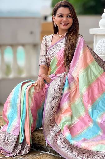 multicolor silk blend meenakari zari weaving saree with contrast pallu