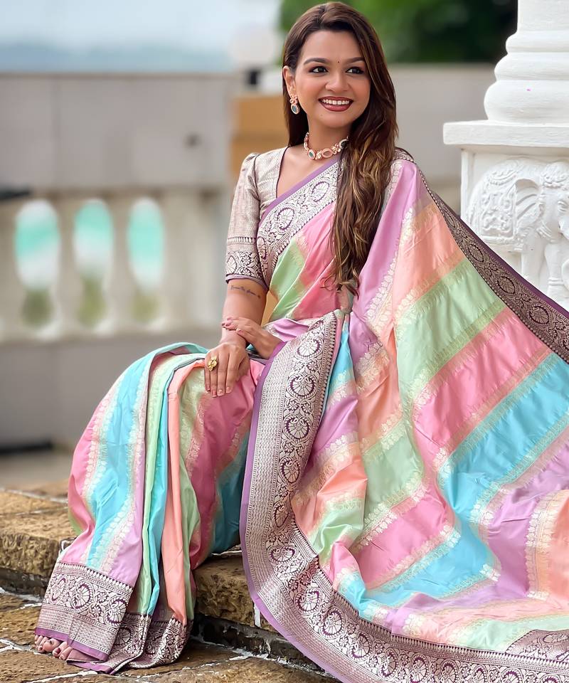 multicolor silk blend meenakari zari weaving saree with contrast pallu