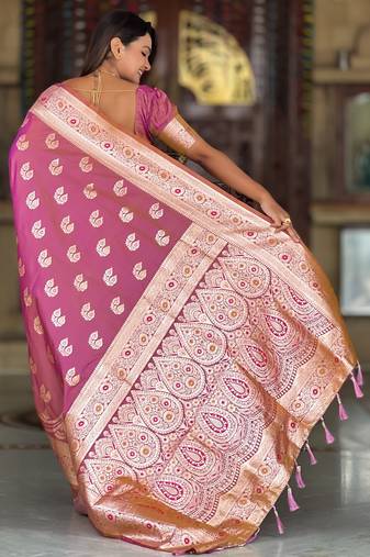 pink banarasi silk blend saree with zari weaving meenakari