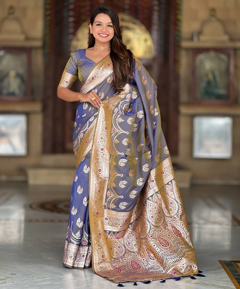 grey banarasi silk blend saree with zari weaving meenakari