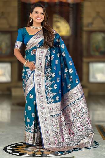 blue banarasi silk blend saree with zari weaving meenakari