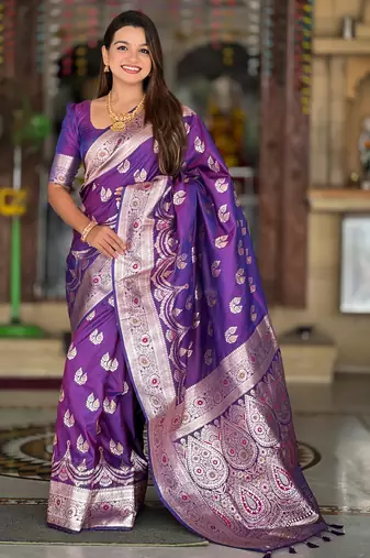 purple banarasi silk blend saree with zari weaving meenakari