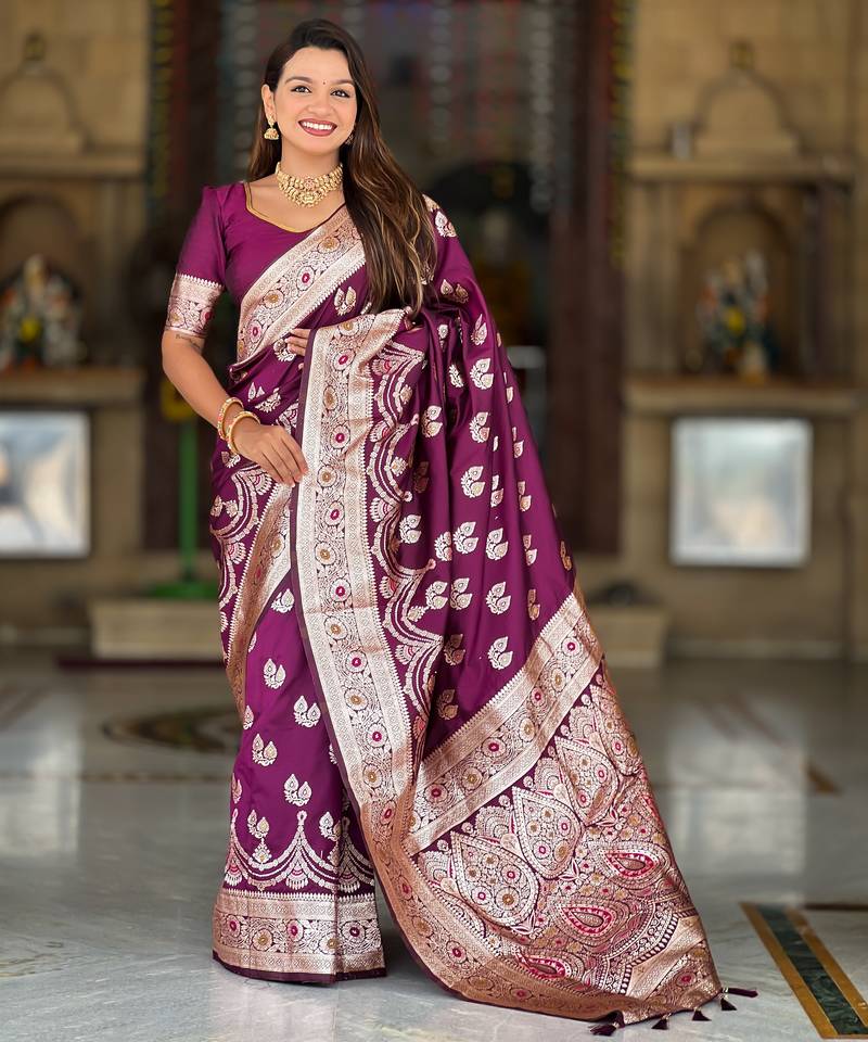 wine banarasi silk blend saree with zari weaving meenakari