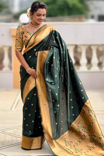 green paithani silk blend zari weaving saree with meenakari pallu 