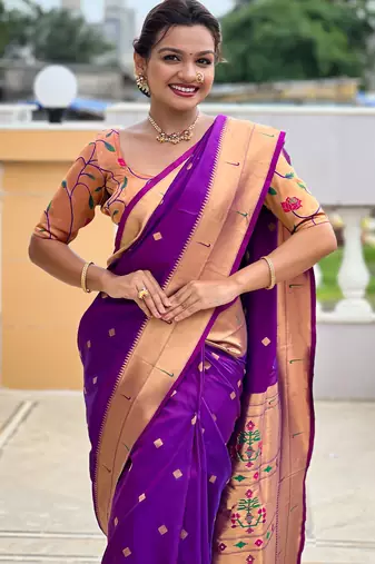 dark purple paithani silk blend zari weaving saree with meenakari pallu 