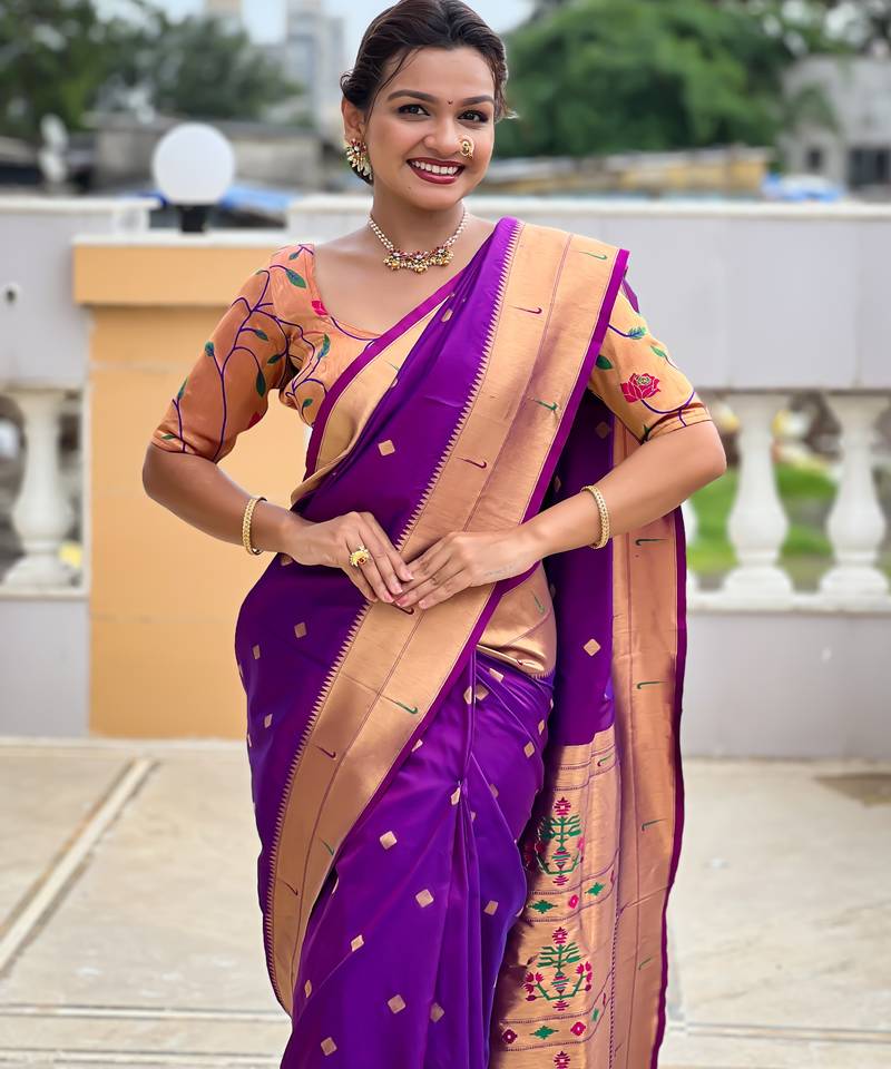 dark purple paithani silk blend zari weaving saree with meenakari pallu 
