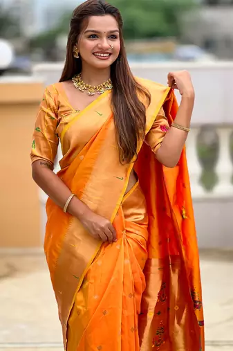 orange paithani silk blend zari weaving saree with meenakari pallu 