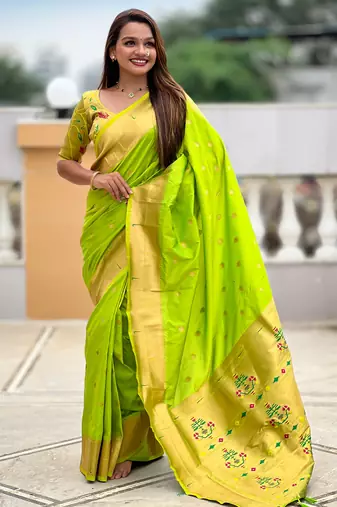 parrot green paithani silk blend zari weaving saree with meenakari pallu 