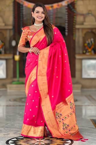 pink paithani silk blend zari weaving saree with meenakari pallu 