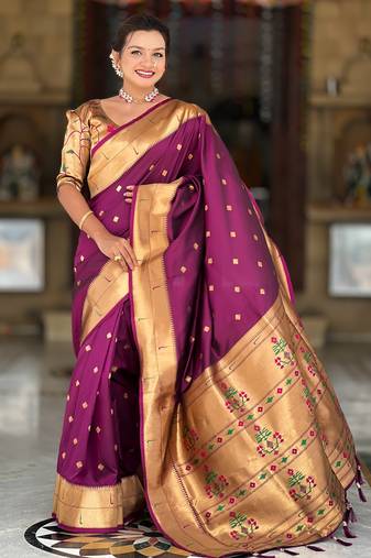 wine paithani silk blend zari weaving saree with meenakari pallu 