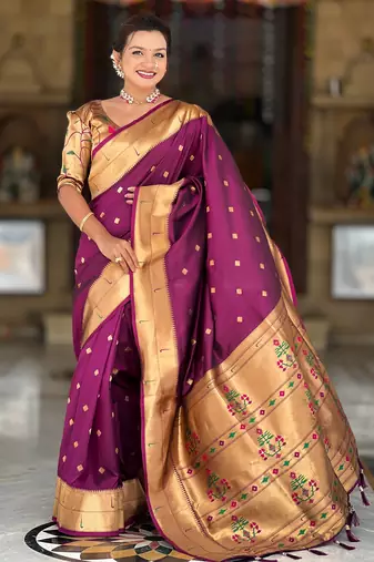 wine paithani silk blend zari weaving saree with meenakari pallu 