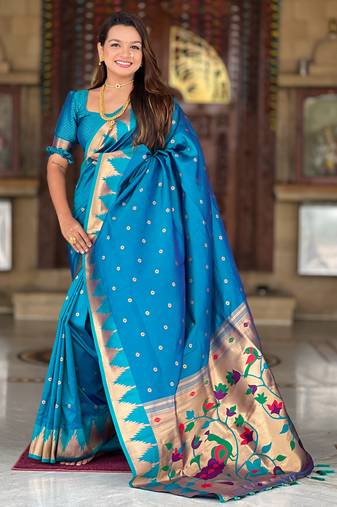 turquoise paithani silk blend zari weaving saree with meenakari pallu 