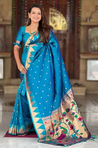 turquoise paithani silk blend zari weaving saree with meenakari pallu 