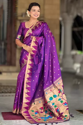 purple paithani silk blend zari weaving saree with meenakari pallu 
