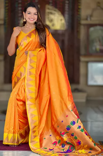 orange paithani silk blend zari weaving saree with meenakari pallu 