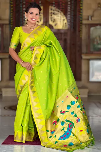 parrot green paithani silk blend zari weaving saree with meenakari pallu 