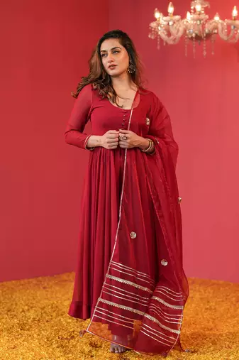 Beautiful Designer Maroon Full Sleeve Suit Set With Dupatta