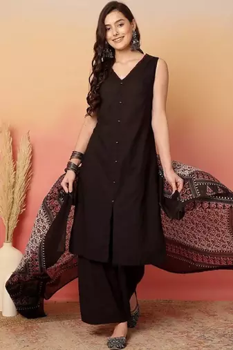 Women Cotton Hand Work A-line Kurta with Pant And Dupatta