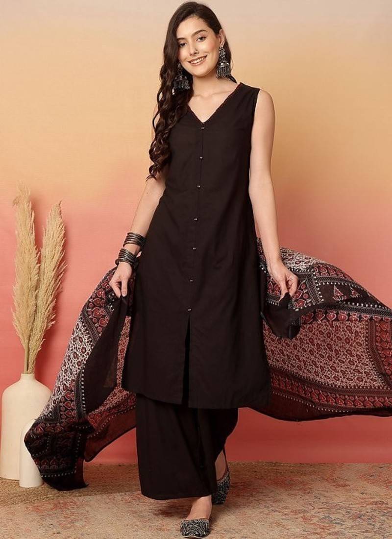 Women Cotton Hand Work A-line Kurta with Pant And Dupatta