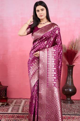 purple zari woven saree with motifs pallu