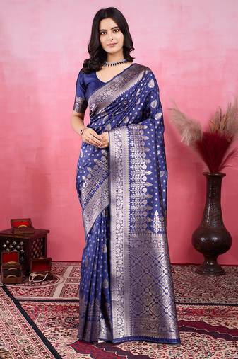 navy blue zari woven saree with motifs pallu