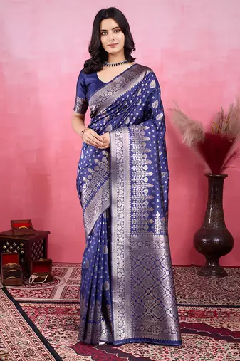 navy blue zari woven saree with motifs pallu