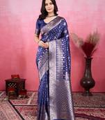navy blue zari woven saree with motifs pallu
