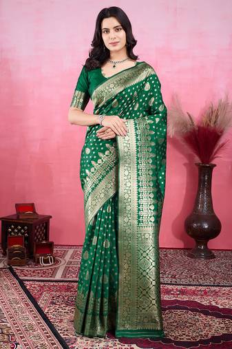 green zari woven saree with motifs pallu