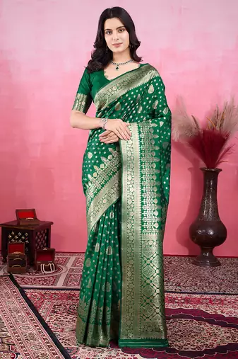 green zari woven saree with motifs pallu